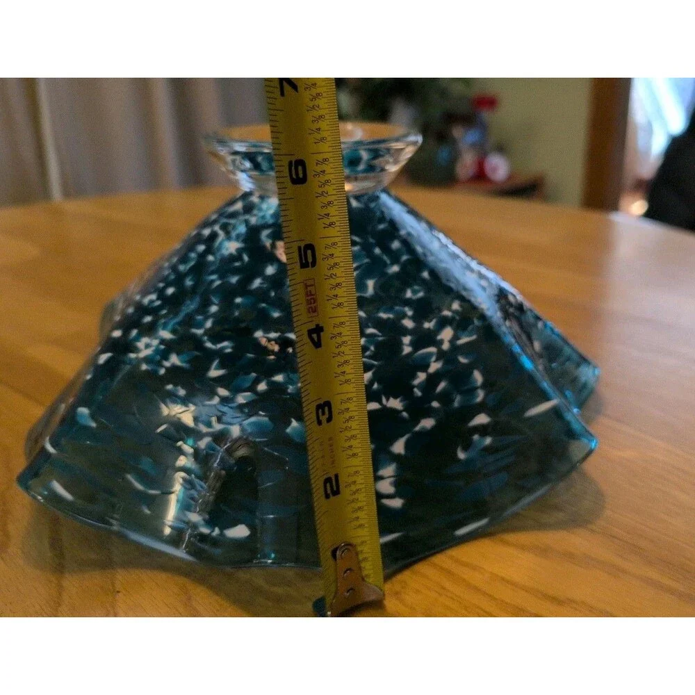 Vtg Blown Art Glass Blue White Confetti Floppy Bowl Handkerchief Ruffle 12